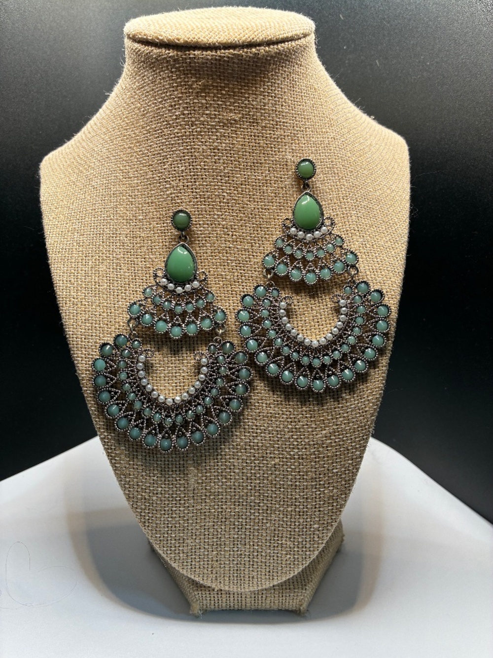 Stunning Teal on Silver beaded Chandelier earrings